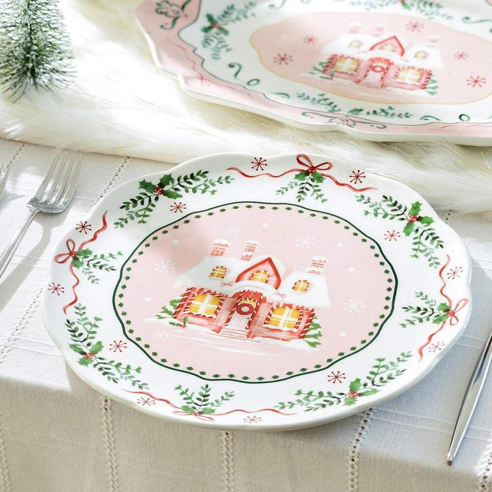 NEW Potter’s Studio Pink Christmas House 10.5" Dinner/Dessert Plate – Free Ship!